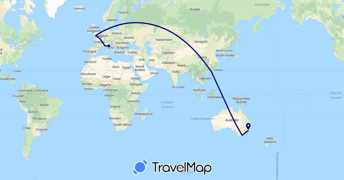 TravelMap itinerary: driving in Australia, France, United Kingdom, Hong Kong, Italy, Monaco (Asia, Europe, Oceania)
